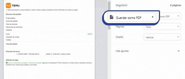 Guardar como PDF en Temu